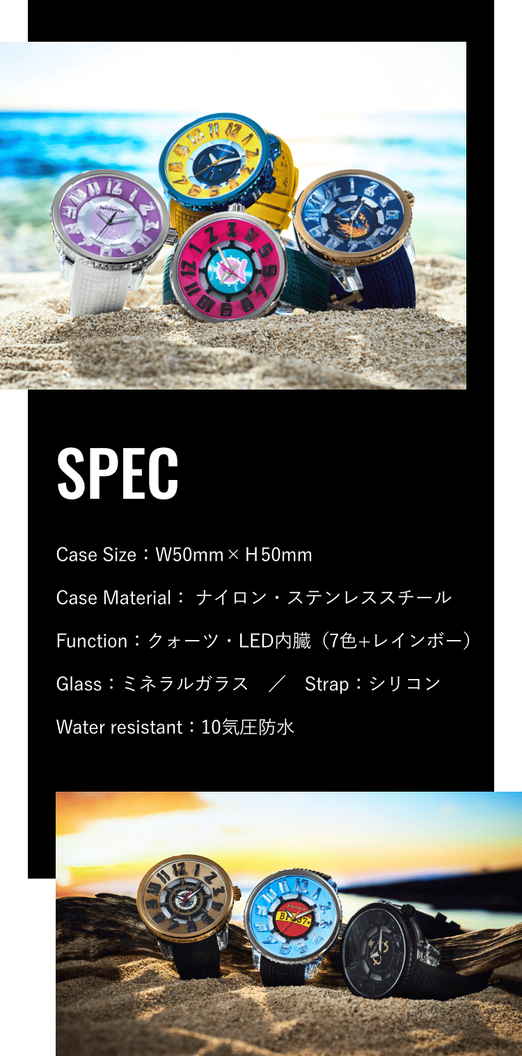 SPEC Case Size：W50mm×H50mm Case Material： ナイロン・ステンレススチール Function：クォーツ・LED内臓（7色+レインボー） Glass：ミネラルガラス/Strap：シリコン Water resistant：10気圧防水